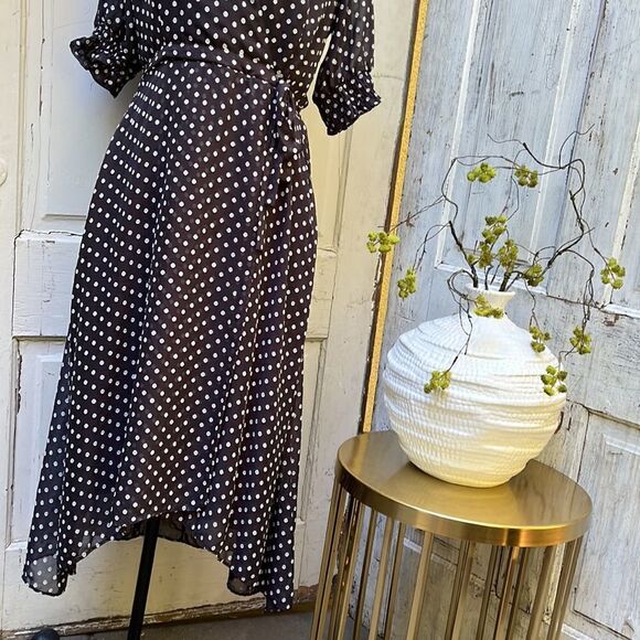 GABY SKYE,  SPOTTED FAUX WRAP HIGH LOW MIDI DRESS. Size 8 - Picture 2 of 8